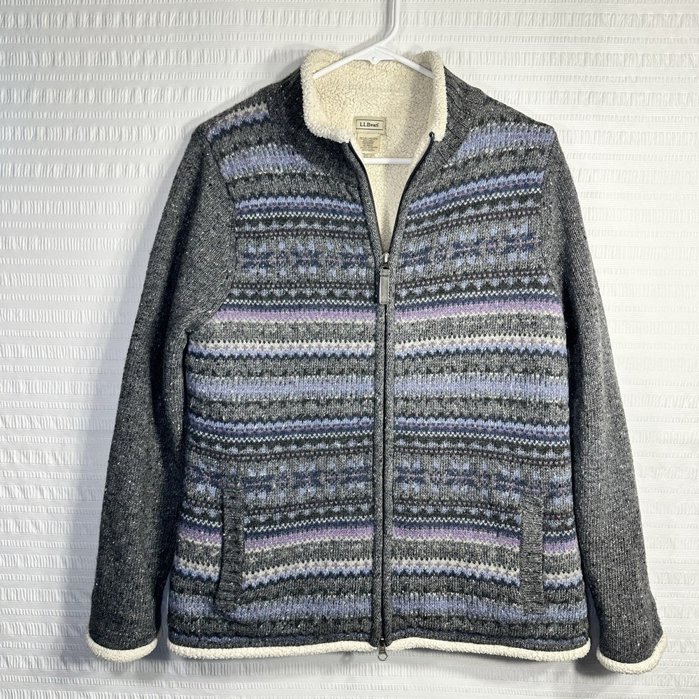 L.L. Bean Womens M Lambswool Fair Isle Sherpa Lined Full Zip Sweater Jacket